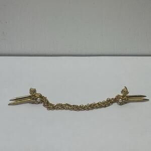Vintage Gold Toned Collar Pin w/ Chain Elf Pearl Christmas Holiday Rope Style